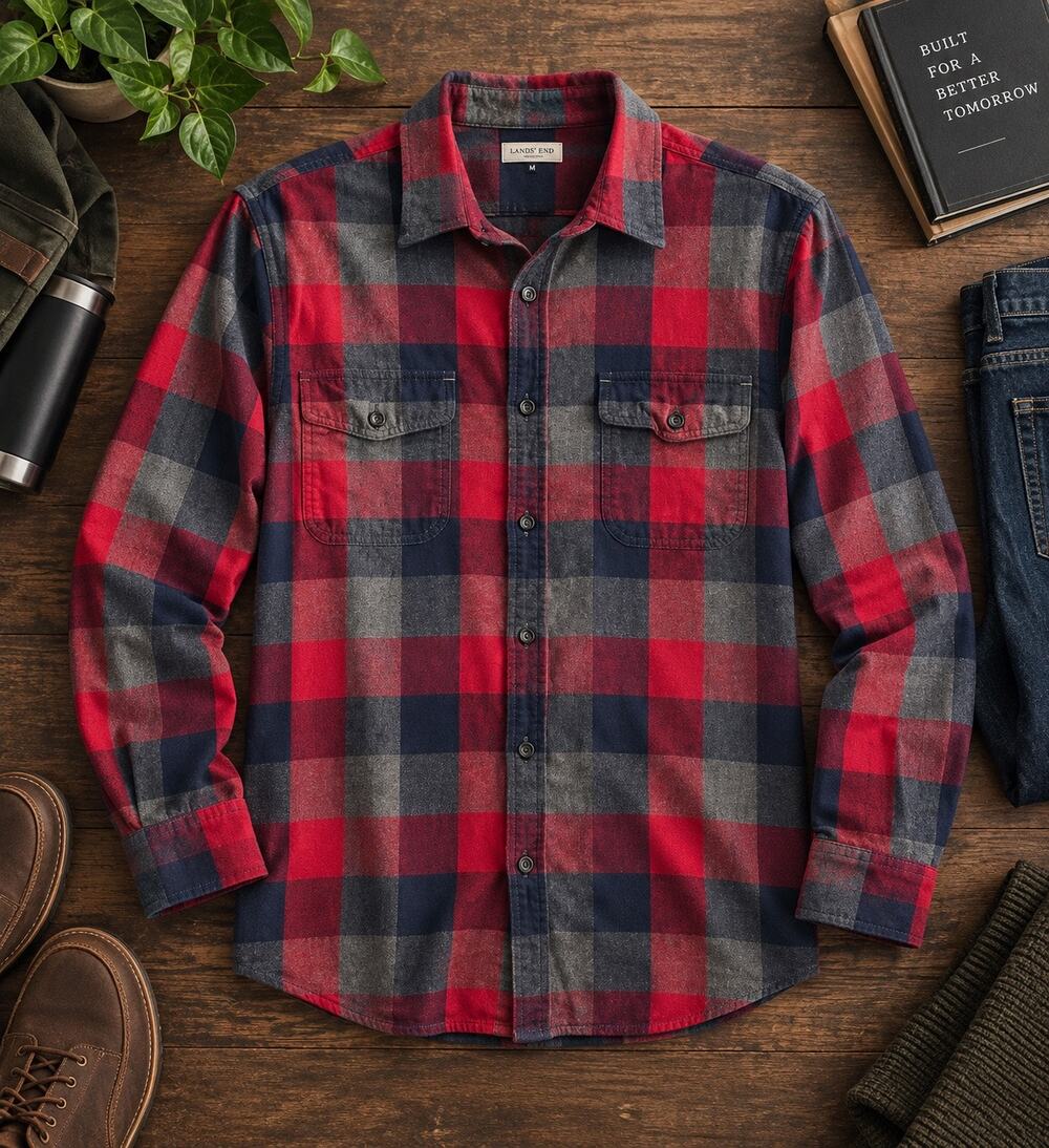 Sonoma Life + Style Men’s Large Red Navy Gray Buffalo Plaid Flannel Shirt